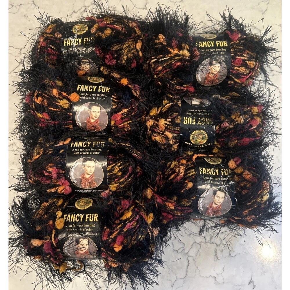 Lot of 7 Lion Brand Fancy Fur Yarn Skeins Jungle‎ Print 273 yards Black Orange